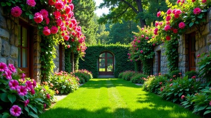Fototapeta premium Serene Garden Path Leading to an Archway Between Stone Buildings Flanked by Vibrant Blossoms
