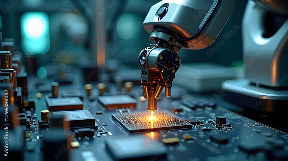 Poster precision robotic arm meticulously soldering a microchip onto a circuit board in a high-tech factory