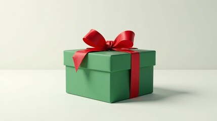 Obraz premium A thoughtfully presented gift, a square box of sage green adorned with a vibrant red ribbon, sits on a pristine white surface, a symbol of celebration and anticipation.