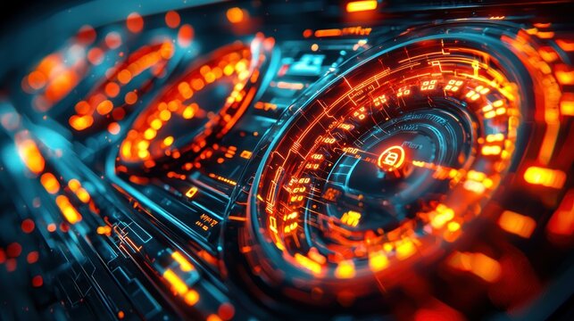 Futuristic HUD dashboard, glowing interface, dynamic display,  background with abstract patterns