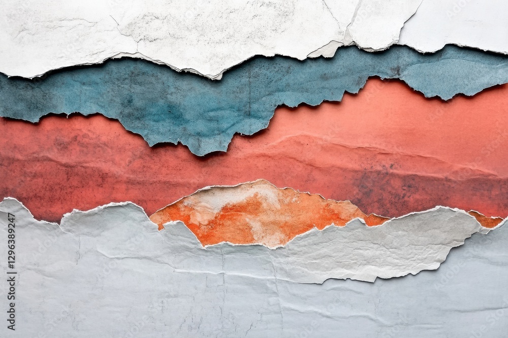 Poster abstract torn paper art featuring layers of color blending from blue to orange in a textured design.