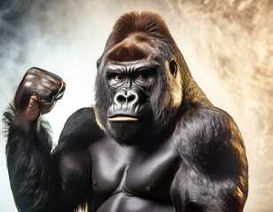 Fototapeta premium energetic gorilla celebrating with raised fists