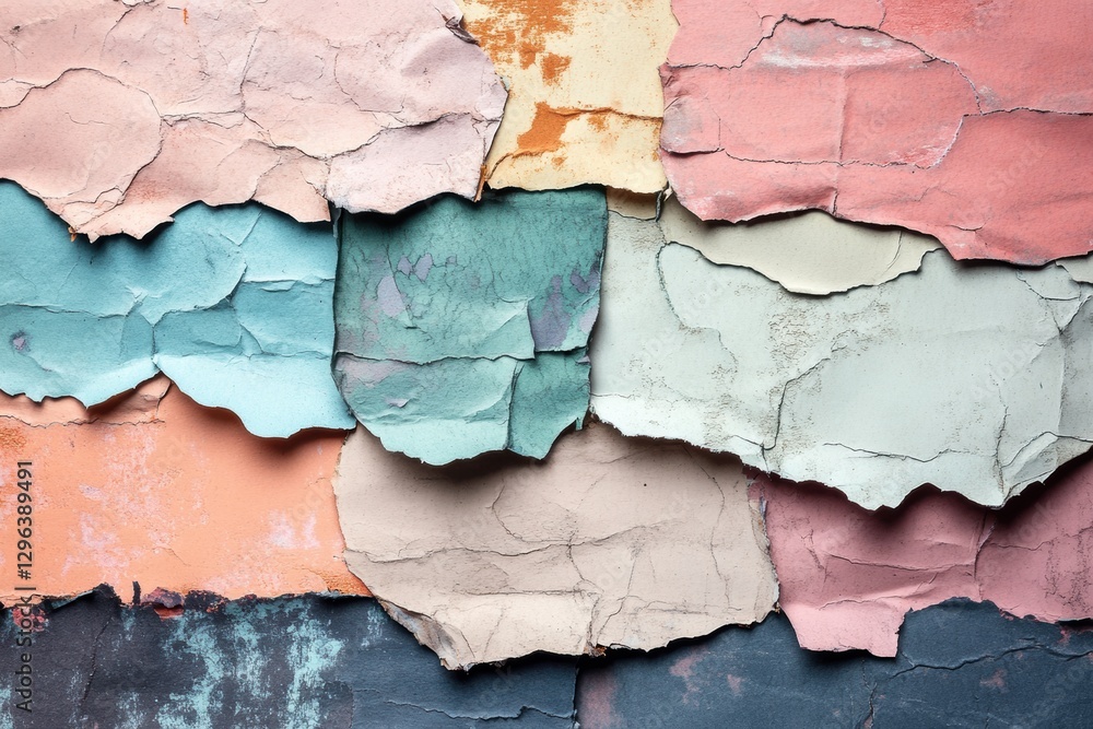 Poster peeling paint layers reveal a colorful texture on an aged wall in an urban setting during daylight h
