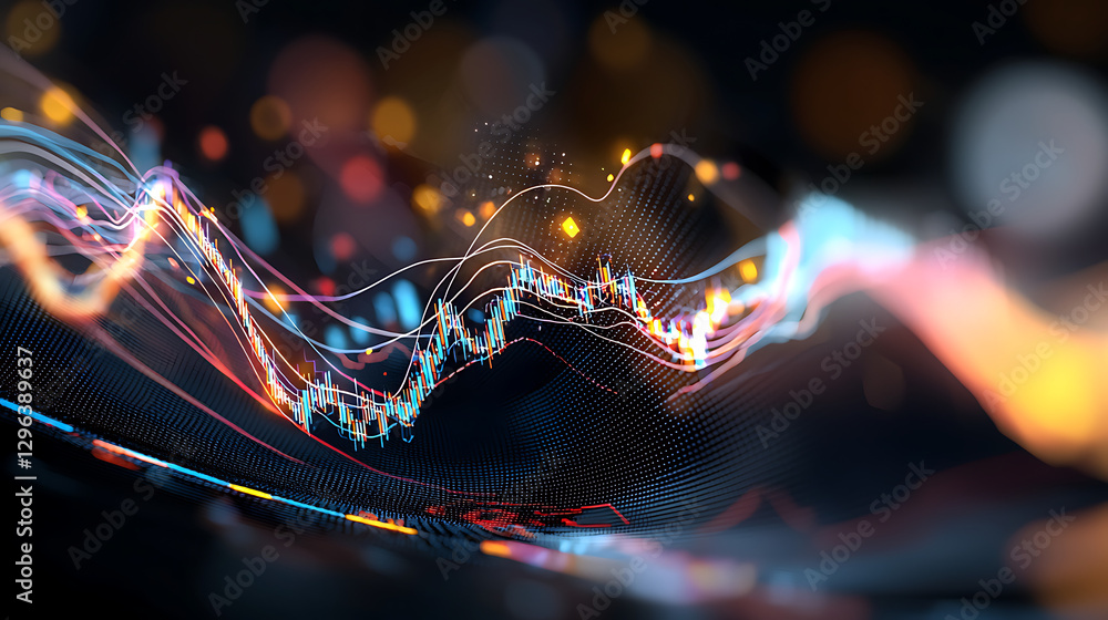 Poster dynamic financial data visualization modern office digital art urban environment aerial view data an
