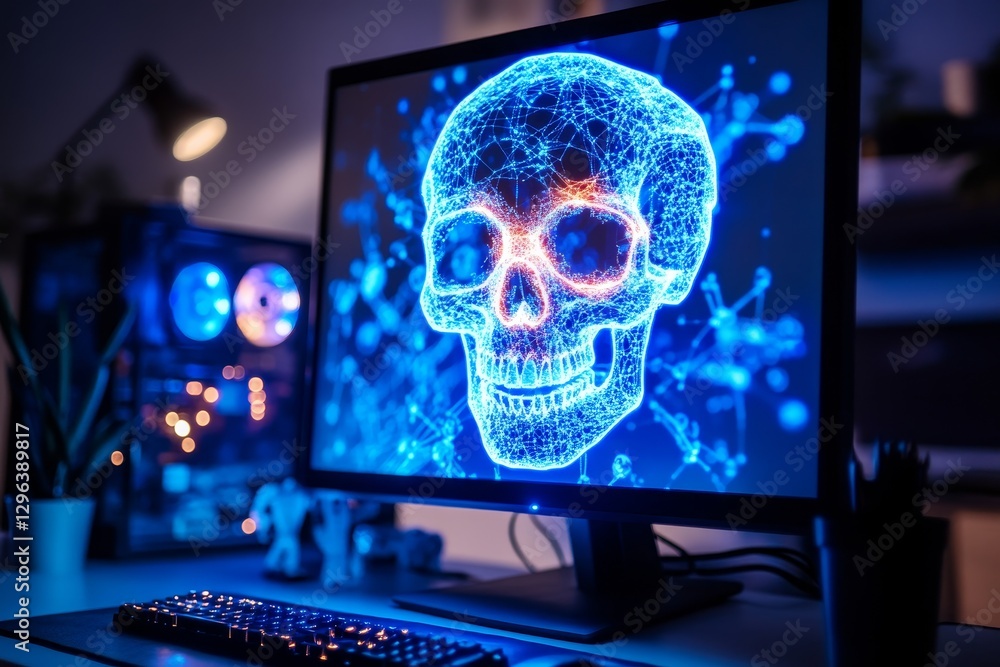 Poster visualization of a glowing skull on a computer screen showcasing data connectivity in a dark room