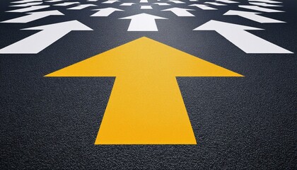 different thinking and business and technology disruption concept yellow big arrow opposite direction with white arrow on road asphalt standing out from the crowd