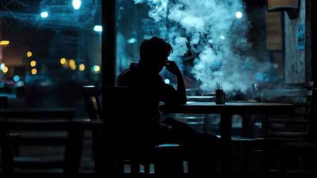 Cigarette smoke swirling around a dark man figure sitting at a table in a dim-lit bar, barely visible in the shadows.