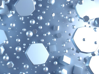 3D abstract background with random shapes, floating, metalic, and dynamic lighting, creating depth and a futuristic feel.