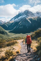 Obraz premium Lone hiker trekking along a mountain trail with backpack