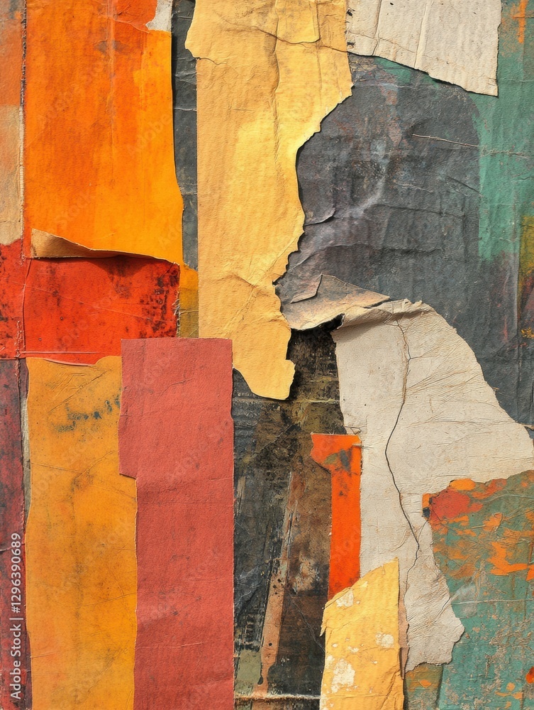 Poster colorful abstract texture with layered paper in vibrant tones and varying shapes captured during day