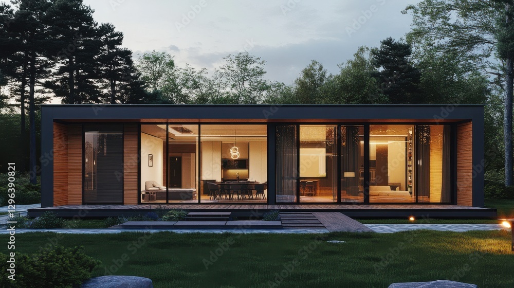 Poster factory assembling modular homes, with a focus on modern design and efficient construction, modular 