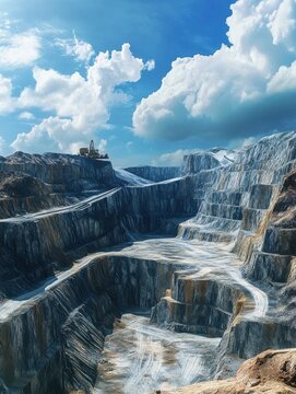 An open-pit platinum mining industry on background of the blue cloudy sky