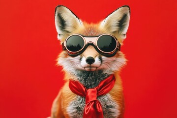 Fototapeta premium A red fox wearing a bow tie and sunglasses with a humorous, playful expression.