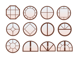 Houses  round windows types. Exterior and interior design, home renovation architecture .Set of wooden or plastic frames. Arched and semicircle
