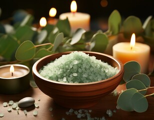 closeup of a ceramic bowl filled with natural bath salts surrounded by green eucalyptus leaves and burning candles creating a serene spa atmosphere concept of wellness spa therapy and natural skincar