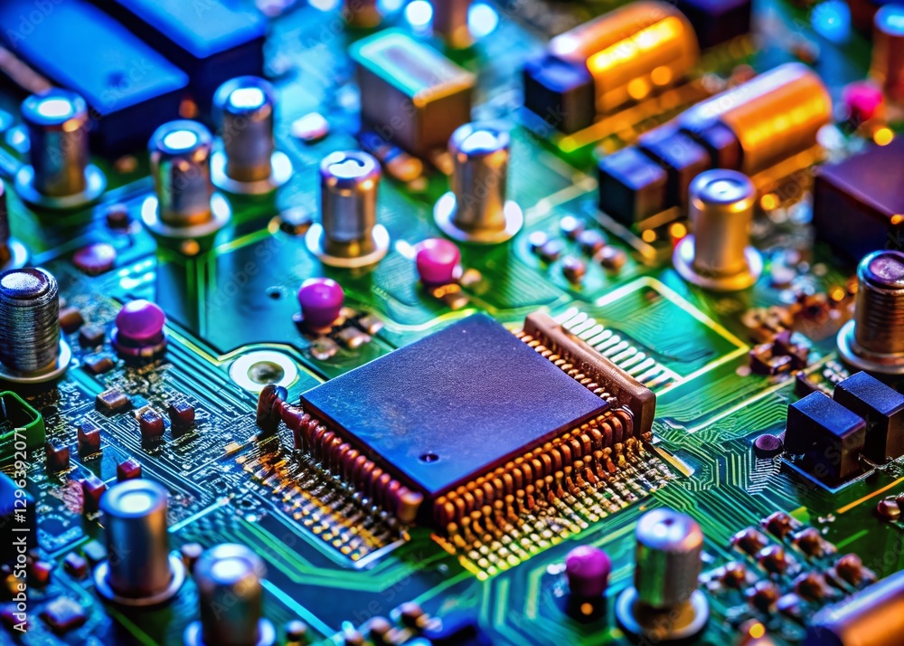 Poster electronic circuit board components closeup - technology background image