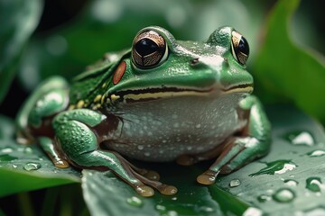 A vivid green frog perched on a leaf, surrounded by rain droplets. The image captures the intricate details of the amphibian and its natural habitat.