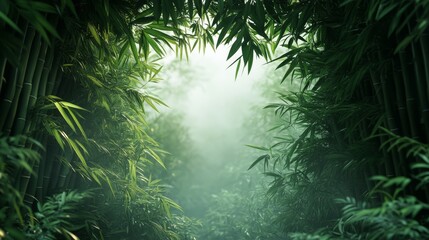 Obraz premium Green bamboo trees forming a frame around the foggy forest path