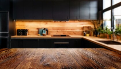 wooden table background of free space for your decoration and blurred background of kitchen copy space dark mood interior kitchen furniture