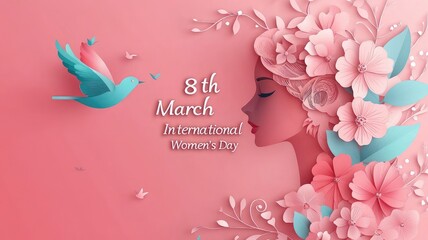 8th March Women's Day Vector Banner with Elegant Woman's Face, Spring Flowers, and Birds, Pink Background, Feminine Celebration Artwork