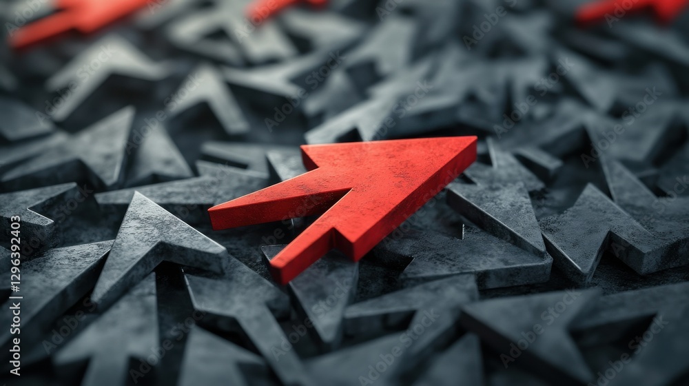 Poster innovative red arrow stands out among a multitude of gray arrows, emphasizing growth and progress in