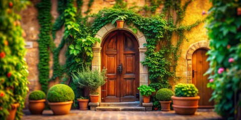 Fototapeta premium Elegant Arched Wooden Doorway with Flanking Plants & Ivy - Tilt-Shift Photography