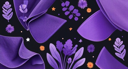 purple textile textures abstract cartoon on plain dark black background illustration