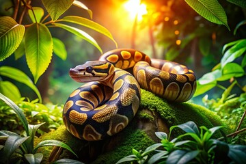 Naklejka premium Elegant Ball Python in Lush Rainforest Habitat - Stock Photo