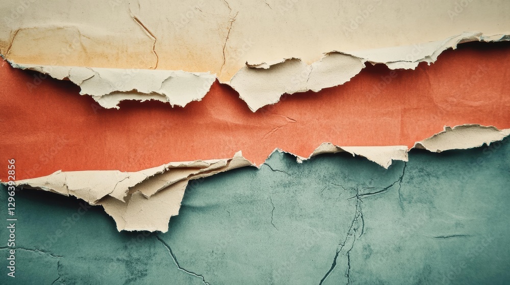 Poster torn paper reveals colorful layers of texture and color on a textured wall surface. generative ai