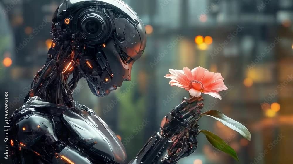 Poster a hybrid robotic figure gently holds a vibrant flower, showcasing a unique blend of technology and n
