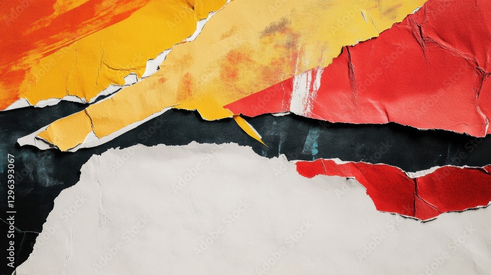 Poster colorful abstract collage of torn paper placed on a smooth surface in a creative art studio setting.
