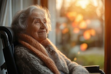Elderly Woman in Wheelchair Enjoying Autumn Sunset: Seniors Lifestyle Indoors with Warm Fall Colors and Natural Light
