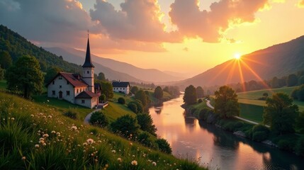 Obraz premium Serene Sunset over Picturesque River Valley with Charming Church and Homes