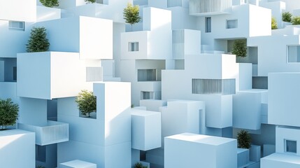 Fototapeta premium Futuristic white cube city, green rooftop gardens, sunlight, architectural design, for real estate