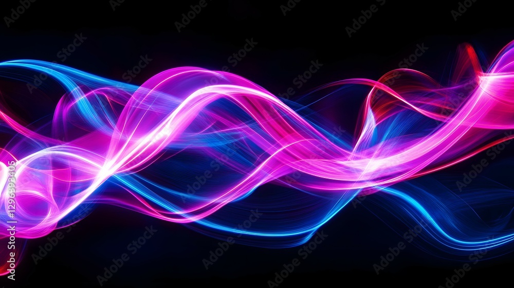Poster abstract light painting background with neon pink and blue lines on a black canvas, creating dynamic