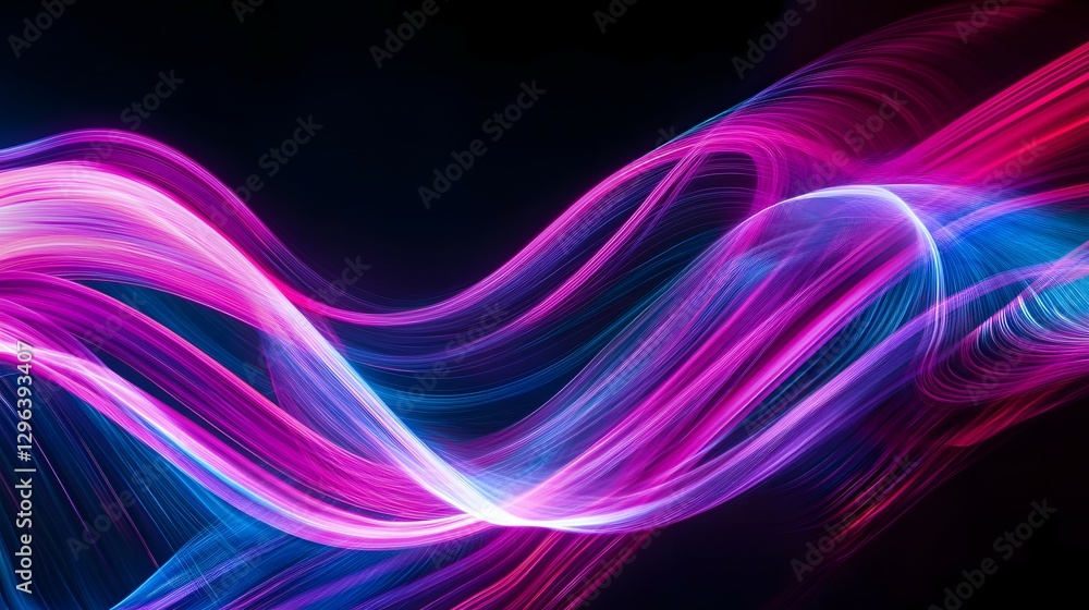 Poster abstract light painting background with neon pink and blue lines on a black canvas, creating dynamic