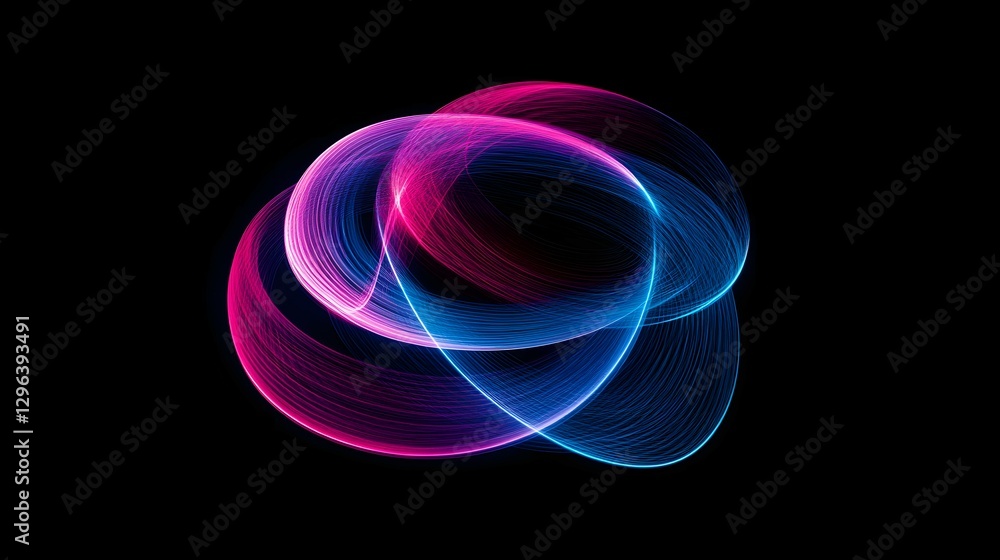 Poster abstract light painting background with neon pink and blue lines on a black canvas, creating dynamic