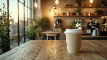 Paper cup mockup in a sleek coffee shop interior on a wooden counter