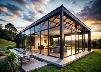 Fototapeta premium Elegant Black Loft House with Steel Pavilion & Stunning Nature Views - Modern Architecture Stock Photo