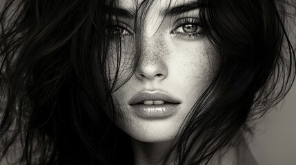 Fototapeta premium A woman with cascading, raven-black hair, her skin radiant and flawless, embodies beauty and health. Her captivating gaze, enhanced by subtle yet effective makeup, speaks to the allure of natural