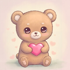 Obraz premium Cute teddy bear holding pink heart in soft illustration style