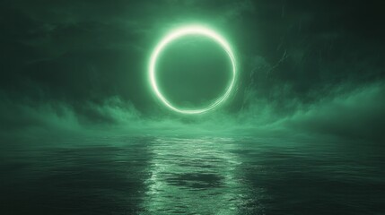 A glowing green circle hovers above a body of water