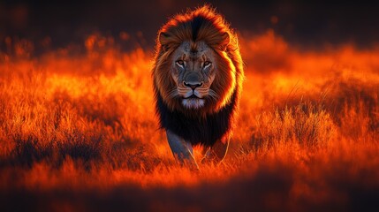 Majestic male lion walking towards the camera in fiery sunset savanna grass.