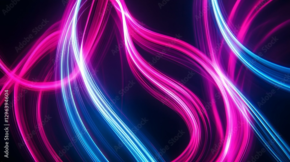 Poster abstract light painting background with neon pink and blue lines on a black canvas, creating dynamic