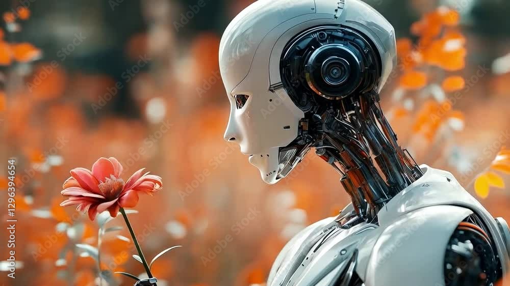 Aufkleber in a vibrant garden filled with orange flowers, a humanoid cyborg gently holds a flower, reflecting 