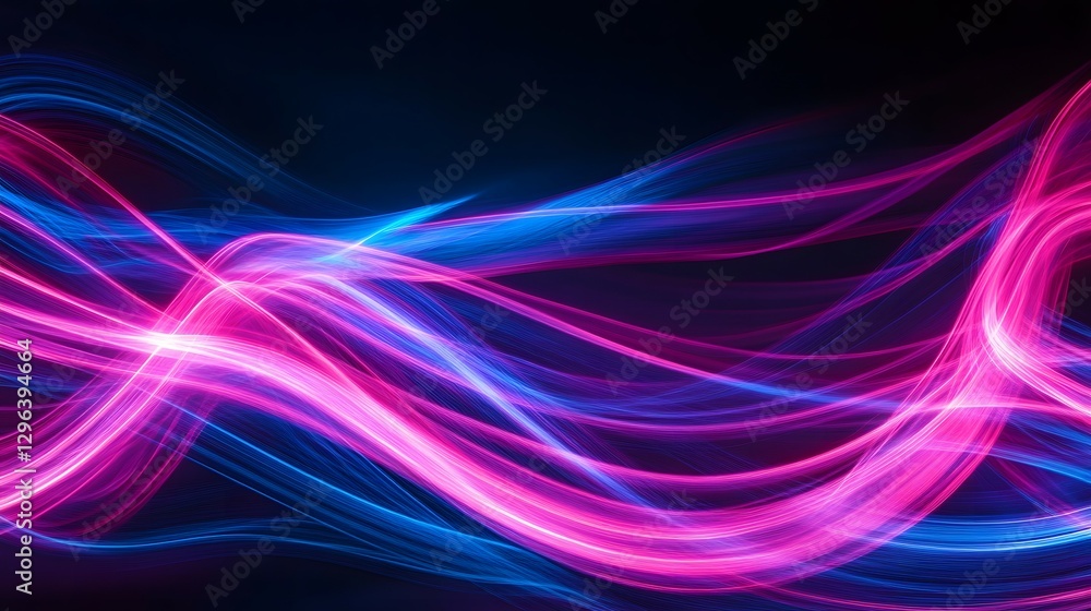Poster abstract light painting background with neon pink and blue lines on a black canvas, creating dynamic