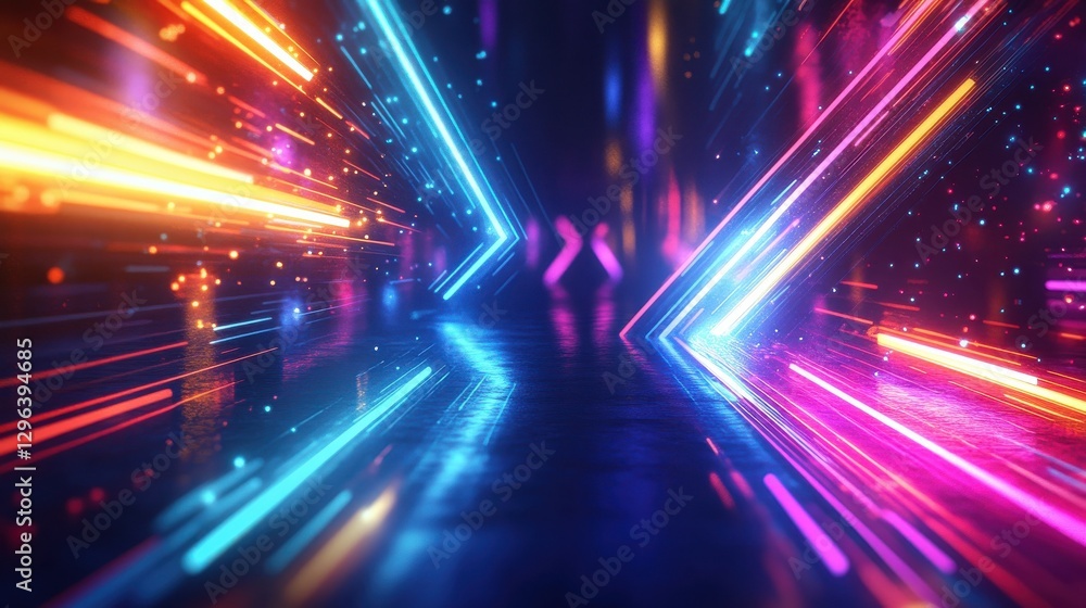 Poster abstract vibrant arrow design. multicolored neon streaks radiate from a central, glowing point, sugg