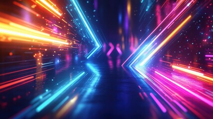 Obraz premium Abstract vibrant arrow design. Multicolored neon streaks radiate from a central, glowing point, suggesting motion and speed. The arrow points towards the right.