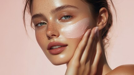 A radiant model is face, adorned with a touch of shimmering hydration, embodies the allure of a perfect complexion. The message is clear: achieve your skincare goals with this potent face