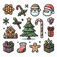 Hand-drawn Christmas elements including festive decorations, ornaments, holly, and bells in a sketch-style vector illustration.
